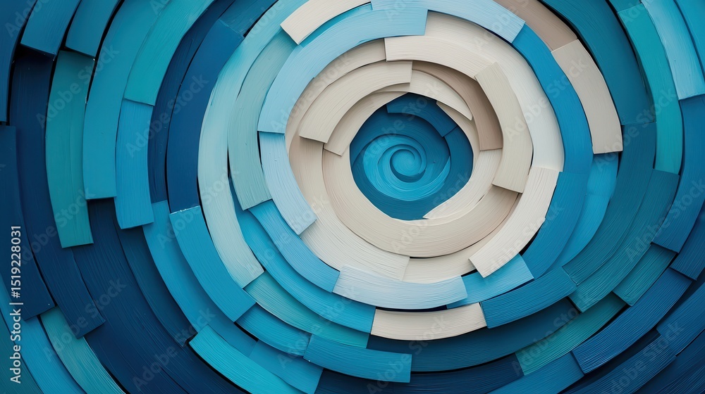 Poster abstract spiral pattern in blue and white tones, with layered, textured shapes creating a dynamic, s