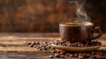 Steaming coffee in a brown speckled mug sits on a saucer of coffee beans atop a wooden surface. The image is used in context of submitting files to Adobe Stock.