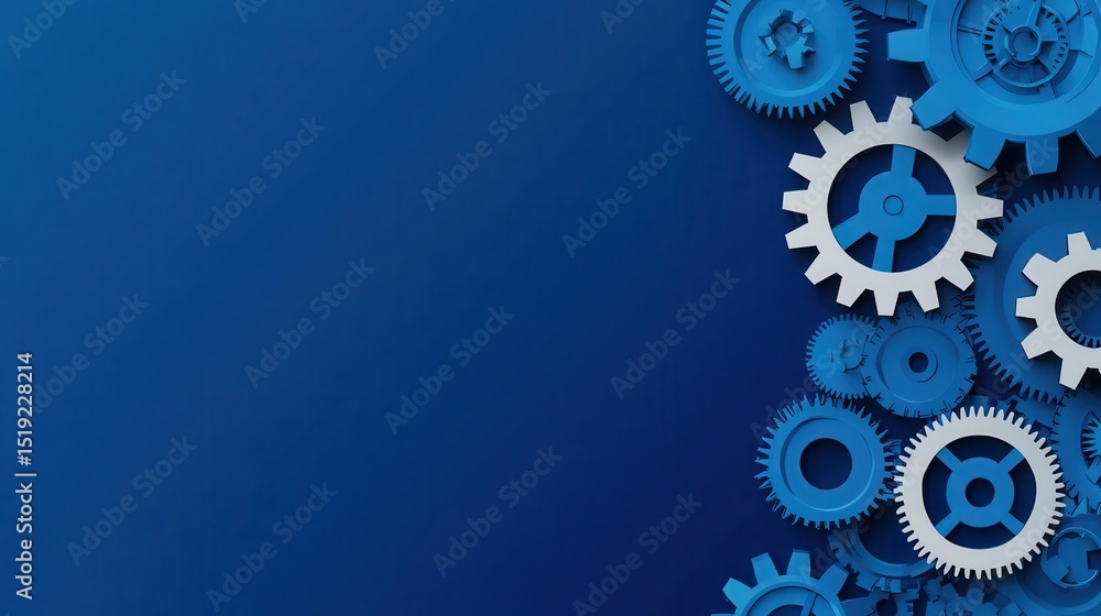 Poster blue and white gears interlock on the right side of a blue gradient background, symbolizing teamwork