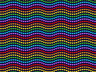 Wavy Rainbow Heart Mosaic, seamless vector pattern with colorful hearts in bright rainbow palette. Perfect for backgrounds, textiles, and festive banner designs, spreads love and joy, dark mode theme