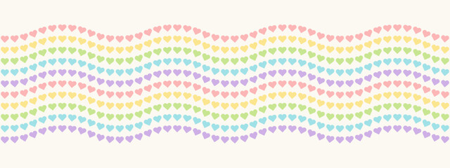Wavy Rainbow Heart Mosaic, seamless vector pattern border with colorful hearts in pastel rainbow palette. Perfect for backgrounds, textiles, and festive banner designs, spreads love and joy