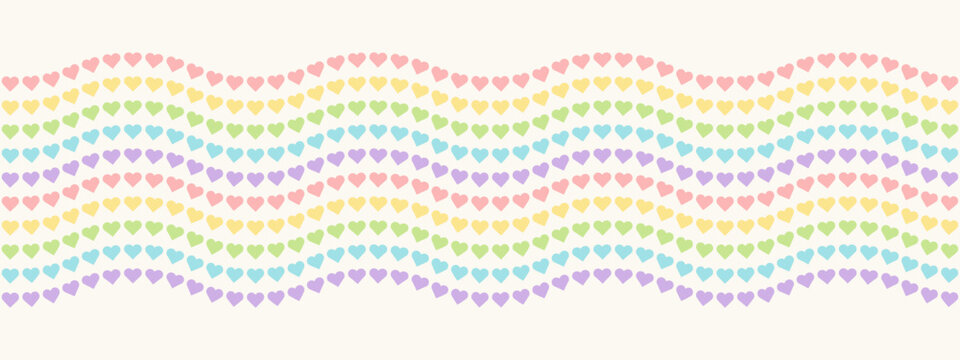 Wavy Rainbow Heart Mosaic, seamless vector pattern border with colorful hearts in pastel rainbow palette. Perfect for backgrounds, textiles, and festive banner designs, spreads love and joy