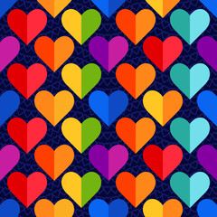 Rainbow Divided Half Heart Mosaic, seamless vector pattern with colorful hearts in a rainbow palette. Perfect for backgrounds, textiles, and festive banner designs, love diversity concept