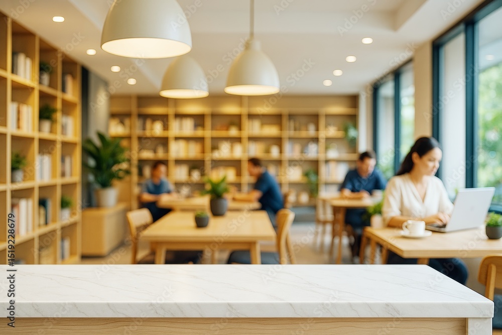 Poster marble countertop in bright modern cafe with people working and reading, wooden shelves and soft lig