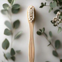 A wooden toothbrush is sitting next to a vase of flowers