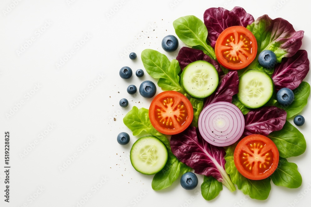 Poster fresh vegetable salad ingredients with blueberries on white background arranged in a circular patter