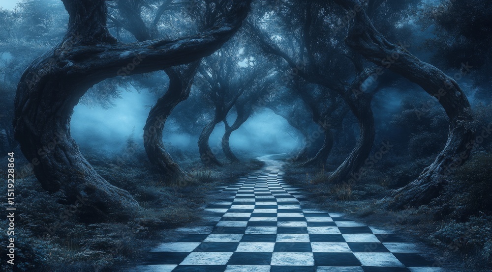 Poster A dark forest with a path that is checkered