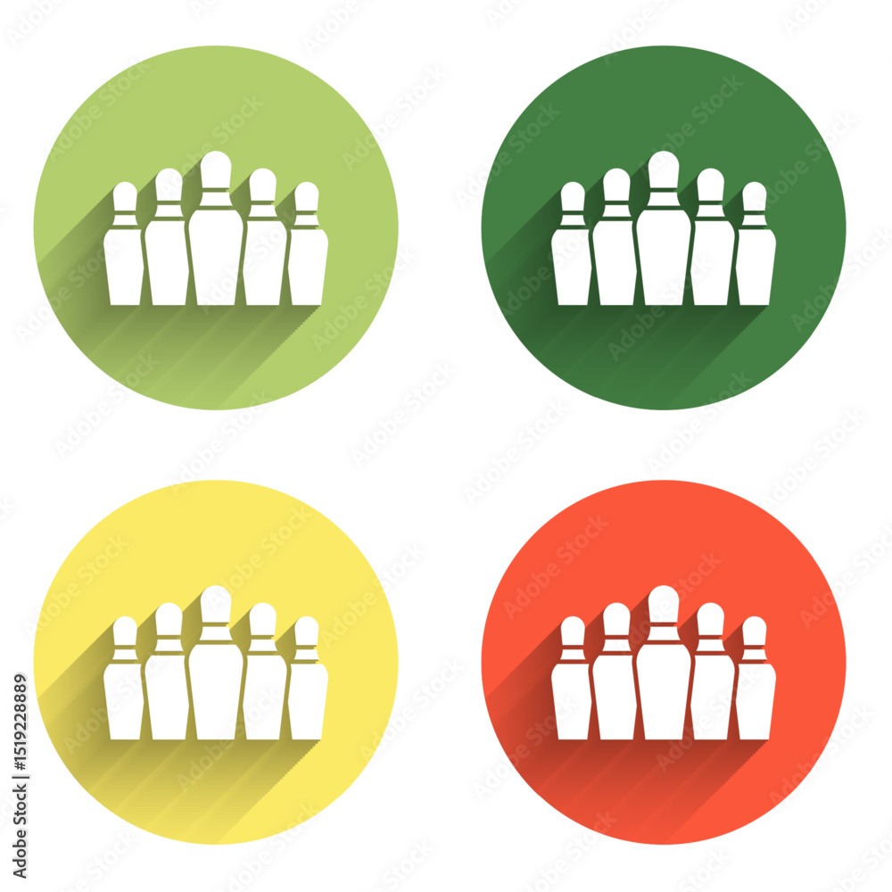 Poster set bowling pin icon isolated with long shadow background. color circle button. vector