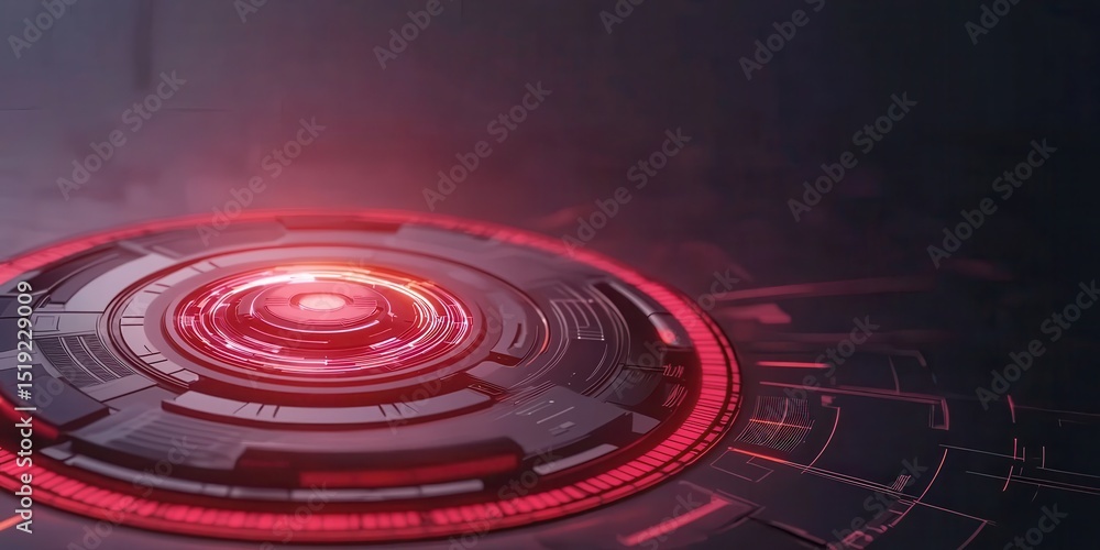 Poster futuristic digital interface with glowing red circular elements and dark background, evoking advance