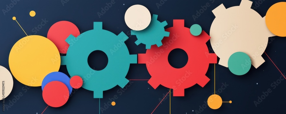 Poster colorful gears and circles interlock on a dark background, symbolizing teamwork, connection, and tec