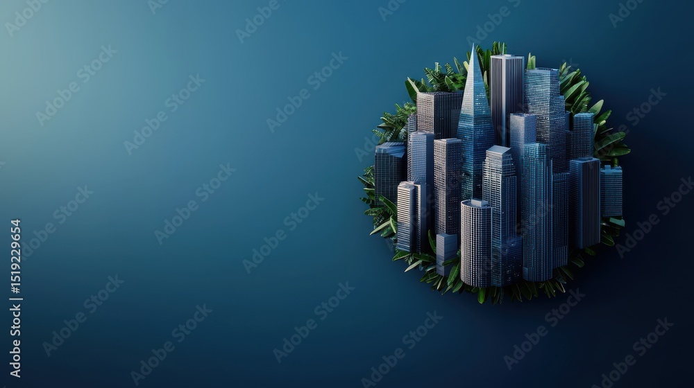 Poster A cluster of modern skyscrapers forms a globe-like shape surrounded by greenery, symbolizing sustainable urban development on a blue gradient background.