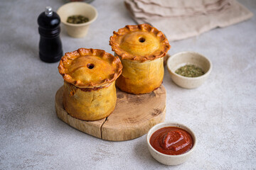 English pie with three types of meat, nuts, spices and French mustard.