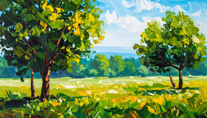 Oil painting of landscape with green trees. Acrylic palette knife technique. Textured brushstrokes