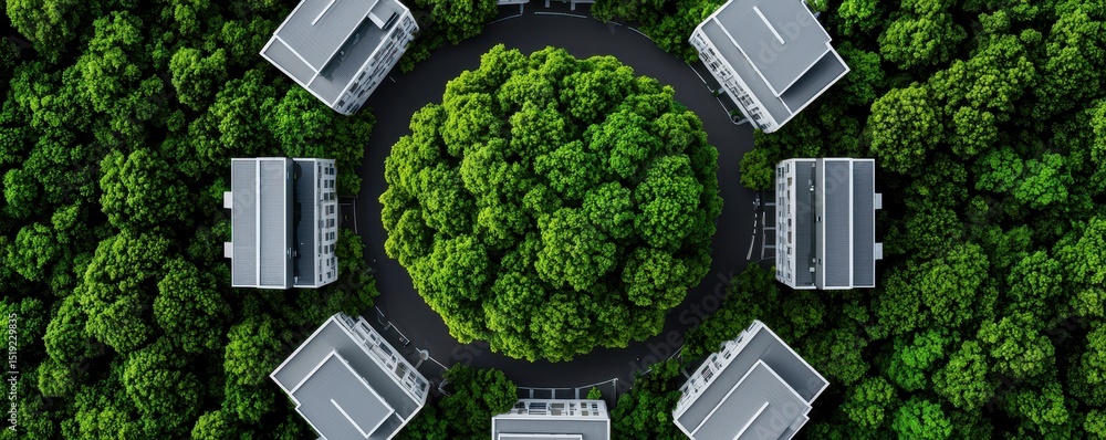 Poster aerial view of modern buildings arranged in a circle around lush green trees, blending architecture 