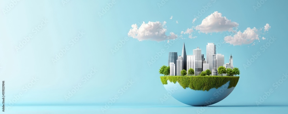 Poster a miniature cityscape with green spaces sits inside a half-sphere against a blue sky with fluffy clo