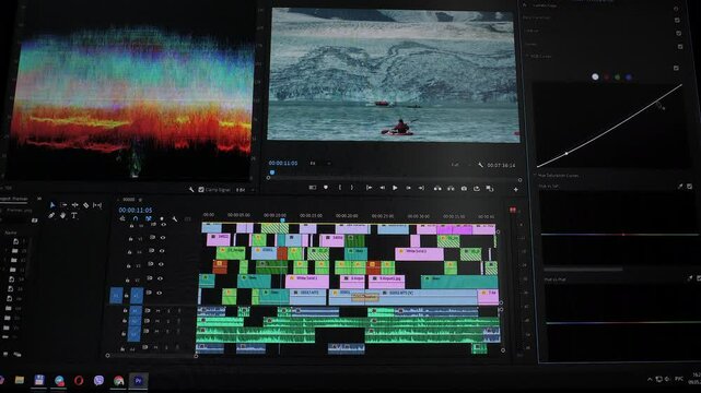 Video color grading panel with RGB curves and playback controls, Detailed view of video editing interface with RGB curve adjustment and timeline preview