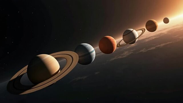 Planetary alignment of the solar system, artistic 3D visualization of planets with rings in cosmic orbit against a glowing sunrise, photorealistic astronomical scene of planetary parade