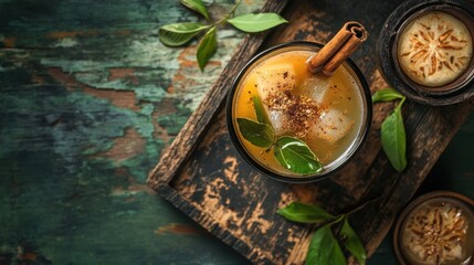 traditional thai herb tea with bael fruit, cinnamon, and pandan leaves in a rustic setting promoting digestion