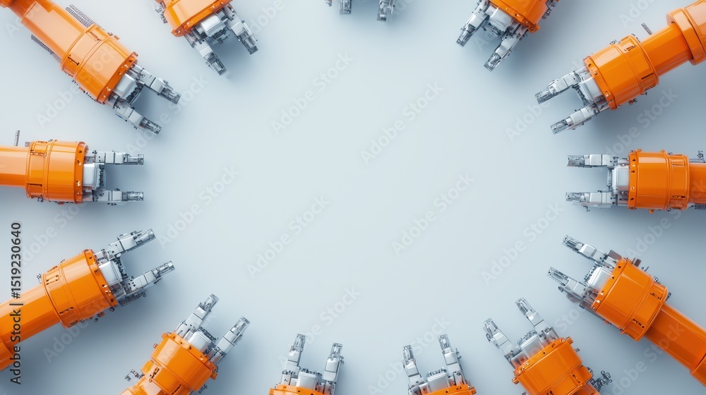 Poster Multiple orange robotic arms are arranged in a circle on a light background, leaving an empty central space.