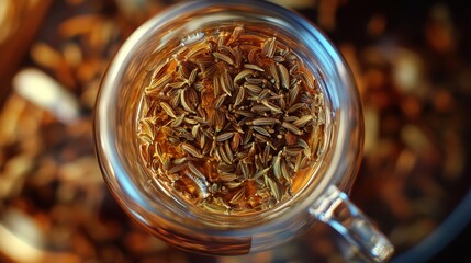 fennel seed tea in a transparent cup, with magnified views of fennel seeds and gut soothing labels