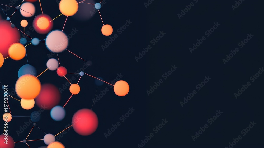 Poster abstract colorful spheres connected by lines on a dark background, resembling a molecular or network