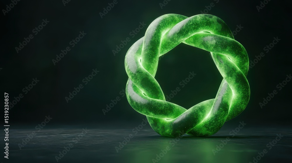 Poster a glowing green twisted torus shape with a luminous, futuristic appearance on a dark background.