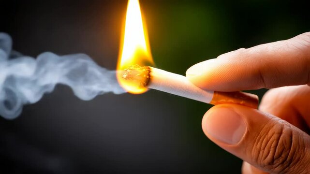 Hand holding a cigarette with smoke coming out of it. Concept of smoking and the negative effects it can have on one's health