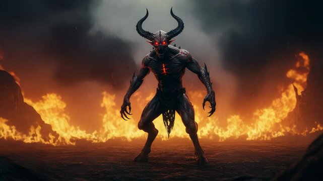 Horned demon standing in flames