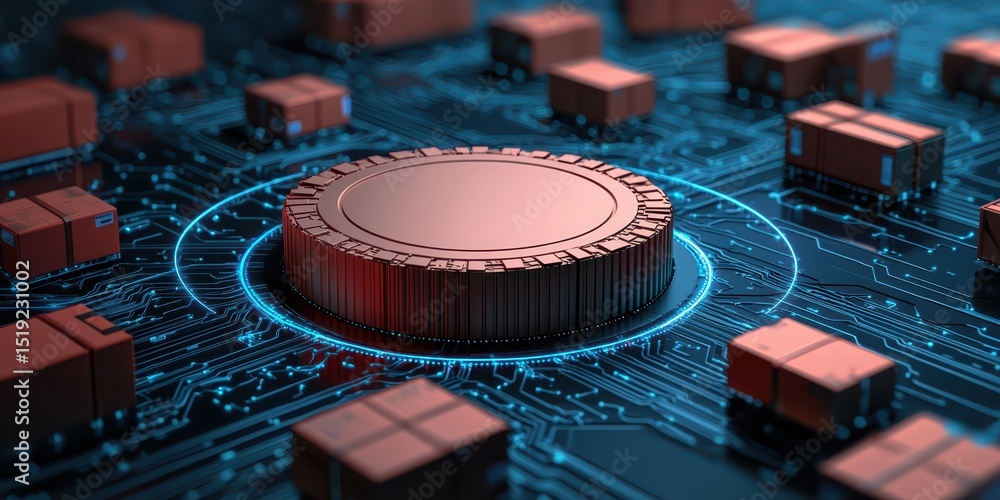 Poster A digital circuit board features a central metallic chip surrounded by small package-like blocks, symbolizing technology and logistics.