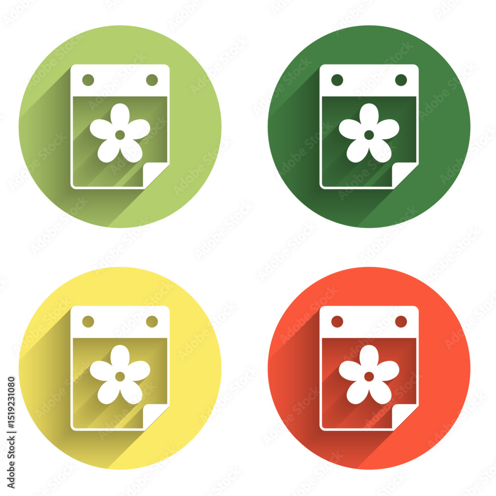 Poster set calendar with flower icon isolated with long shadow background. color circle button. vector