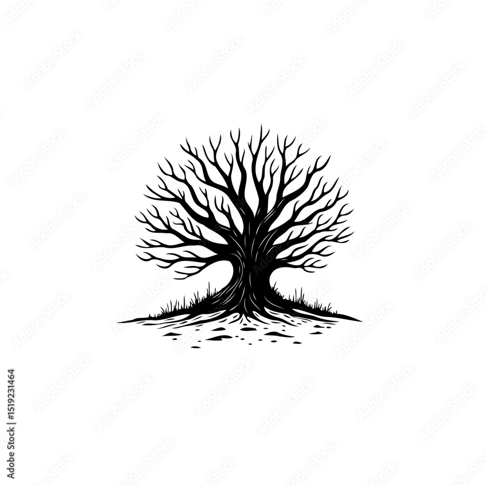 Poster striking silhouette: isolated bare tree with intricate branching on white background