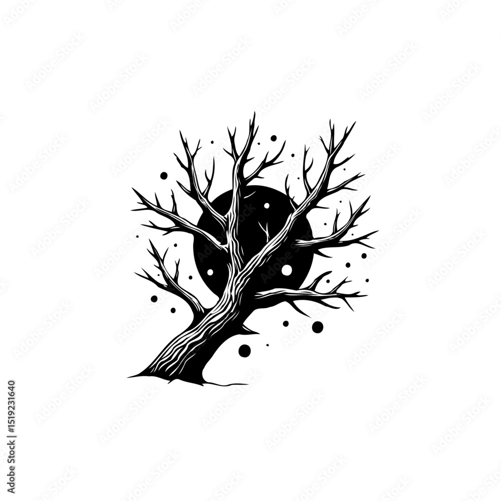 Poster silhouetted tree with a dark moon background creating a striking monochrome image