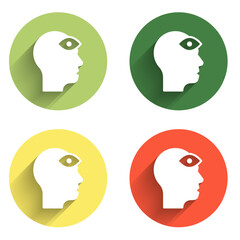 Set Man with third eye icon isolated with long shadow background. The concept of meditation, vision of energy, aura. Color circle button. Vector