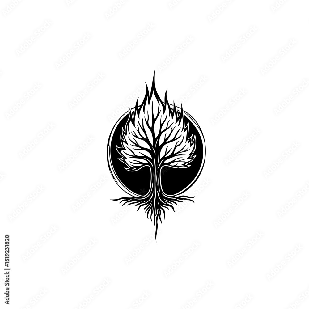 Poster monochrome mystical tree logo design within a circular frame for branding and decoration