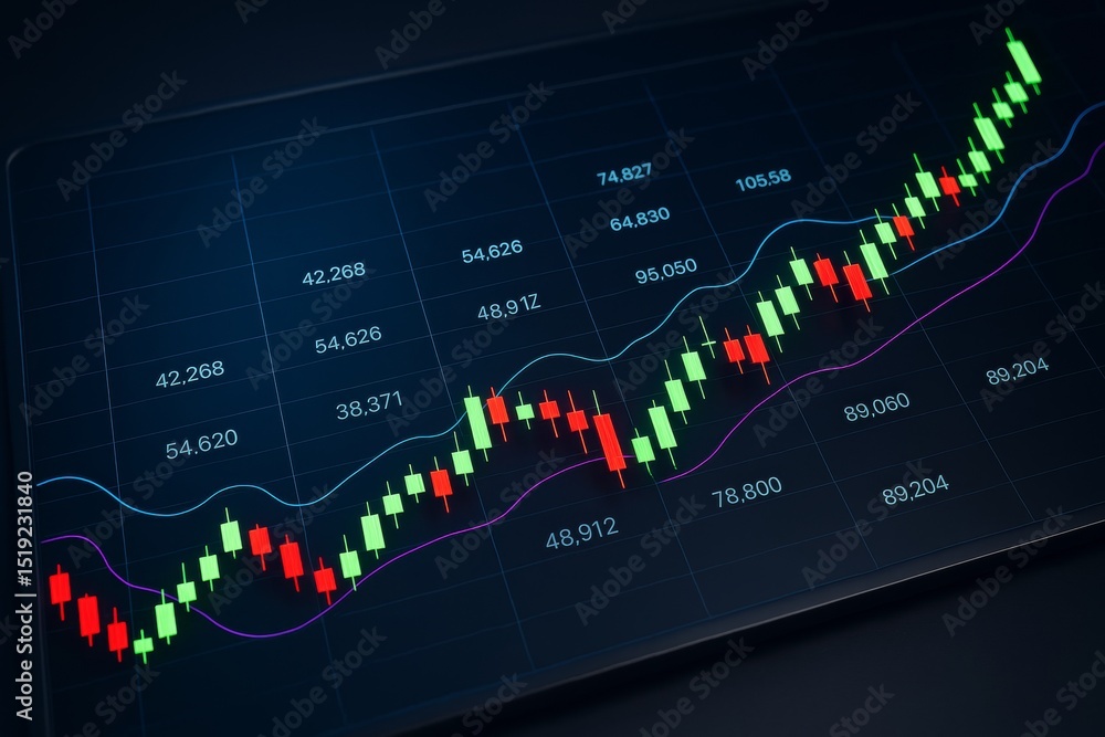 Poster financial candlestick chart with technical indicators and price data on dark background, representin