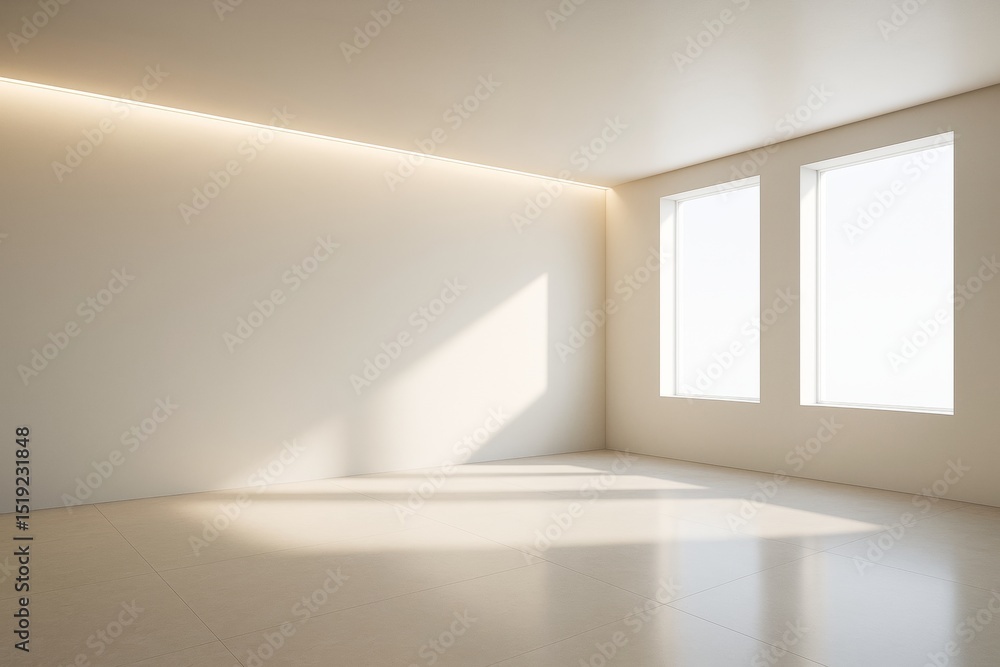 Poster Minimalist empty room interior with natural light and shadows from windows creating abstract geometric shapes on the wall and floor.