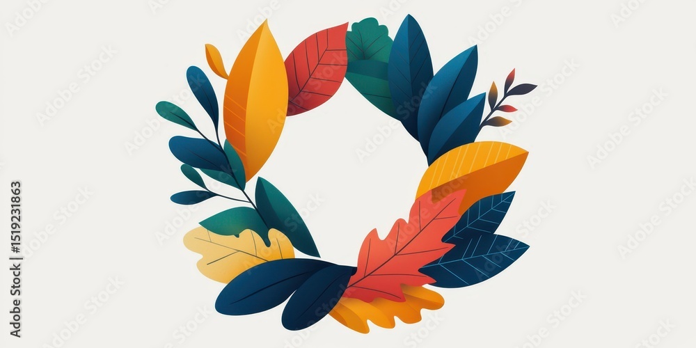 Aufkleber A colorful wreath made of various stylized autumn leaves arranged in a circular pattern on a light background.