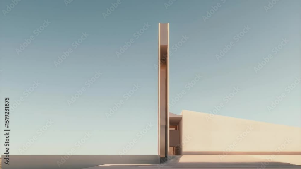 Poster ミニマルなコンクリート建築 空の背景に幾何学的な構造と抽象的なデザインを示す現代的な外観のビュー