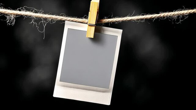 Photo of a photo frame hanging on a rope. The rope is frayed