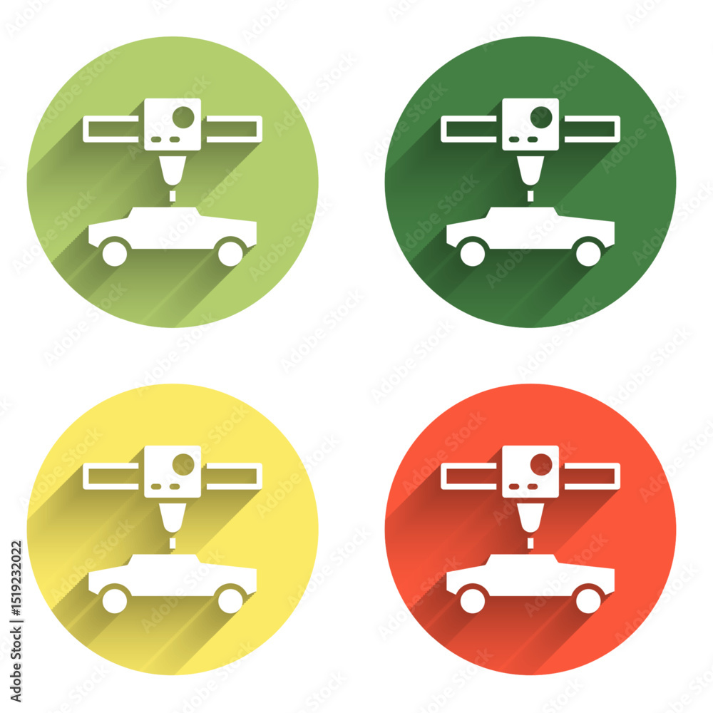 Aufkleber set 3d printer car icon isolated with long shadow background. 3d printing. color circle button. vect