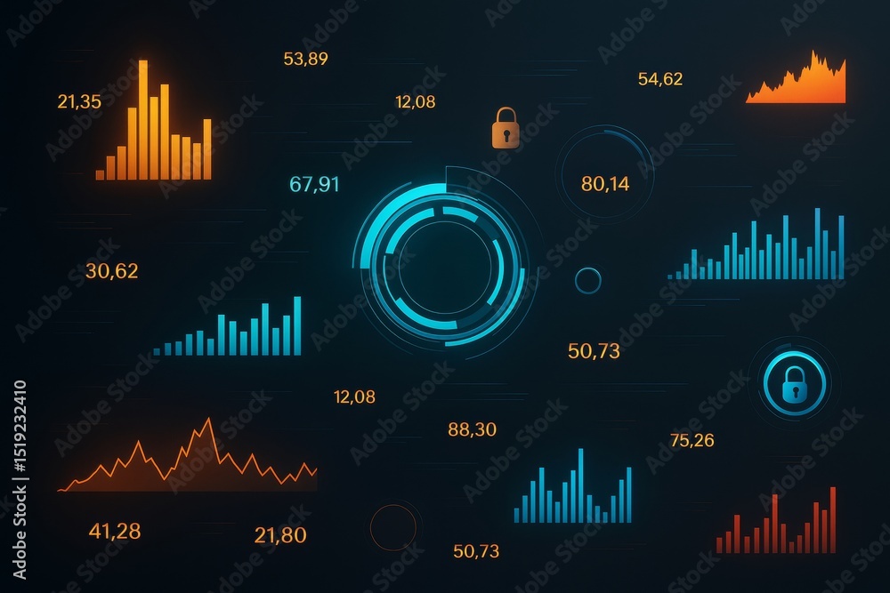 Poster Futuristic digital dashboard interface with glowing data charts, circular infographics, and padlock icons on dark background. Ai generative.