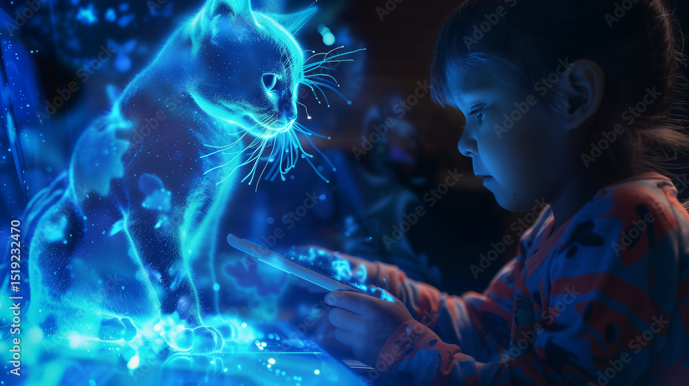Aufkleber this child interacts with a floating holographic cat while surrounded by a soft, glowing ambiance.