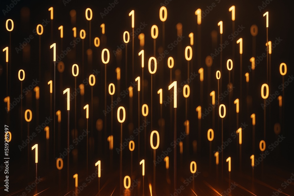 Poster Glowing binary code digits floating in dark space as abstract digital light background for futuristic technology and data stream concept scene.