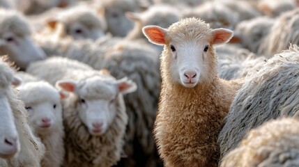 Fototapeta premium A close up shot of a herd of sheep with one sheep looking directly at the camera in a field setting