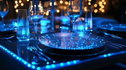 A futuristic table setting with glowing utensils transparent plates and interactive smart 