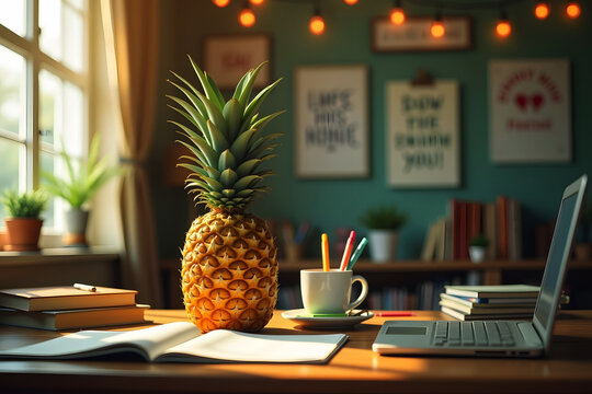 Pineapple fruit composition on desk with notebook pens laptop and cozy decorative room interior