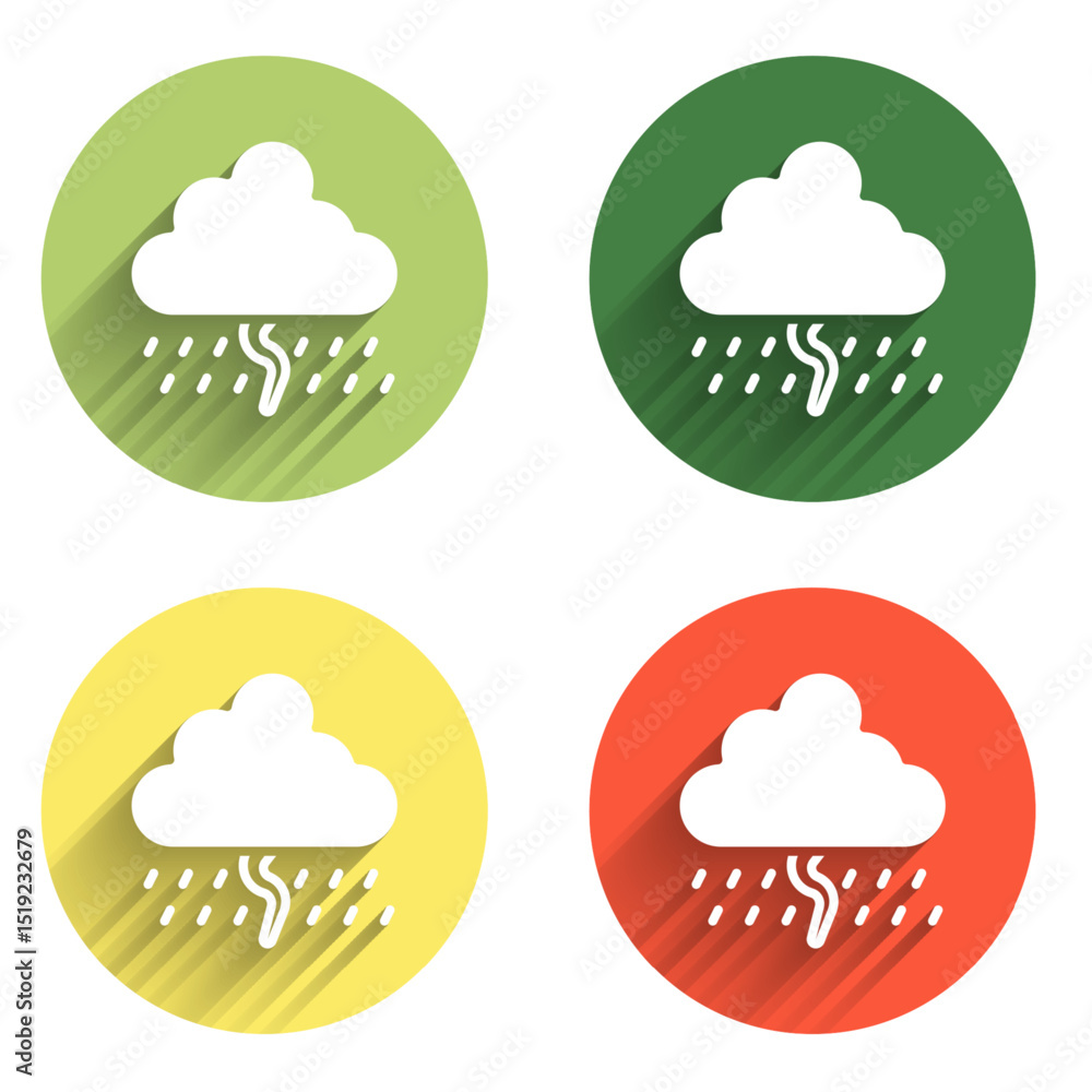 Poster set cloud with rain and lightning icon isolated with long shadow background. rain cloud precipitatio