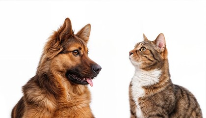 Playful Duo Cat and Dog SidebySide on a Pure White Background, Exuding Joy and Friendship Amidst a Serene Atmosphere. Extended description Ideal for digital art, home decor, or design
