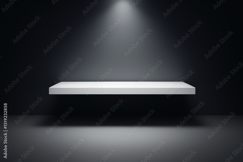 Poster minimalist floating white shelf under spotlight on dark background for advertising or product displa