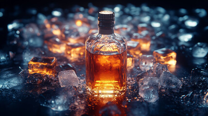 Whiskey bottle with ice cubes on a dark reflective surface